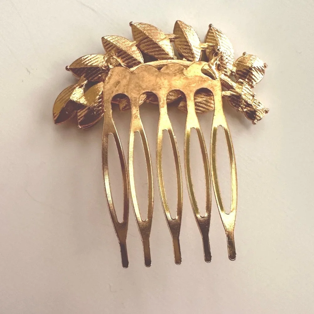 Gold Tone Leaf Hair Comb Navy Blue Faux Stone Rhinestone Wedding Prom Accessory